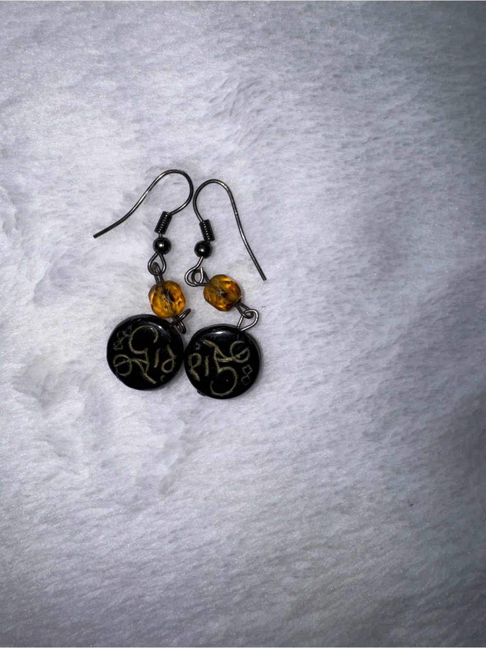 Black and Amber Script Disc Drop Earrings - Unbranded